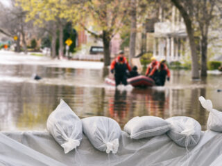 Flood Protection Sandbags with flooded homes in the background